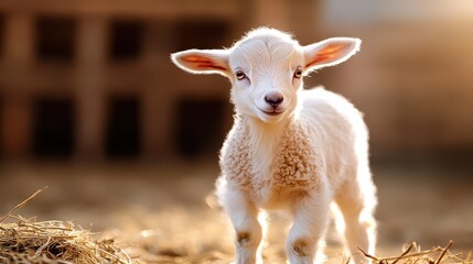Fototapeta premium Adorable Lamb in Sunlight: A charming, fluffy white lamb stands in a sunlit pasture, radiating innocence and joy. Its captivating gaze and soft fleece invite a sense of warmth and tenderness.