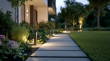 Modern Home Landscape Pathway Dusk Lighting Garden Design