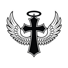 Fototapeta premium Heavenly Herald Vector Graphic of a Winged Cross with Halo, Symbolizing Spiritual Ascension, Divine Protection, and Faith's Triumph. 