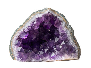 Fototapeta premium Amethyst geode cross section glimmers in natural light gemstone photography close-up view, isolated on white or transparent background