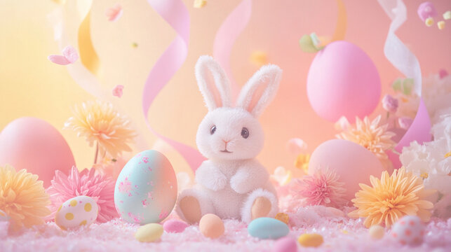 A cute plush bunny sitting with a colorful Easter egg.
