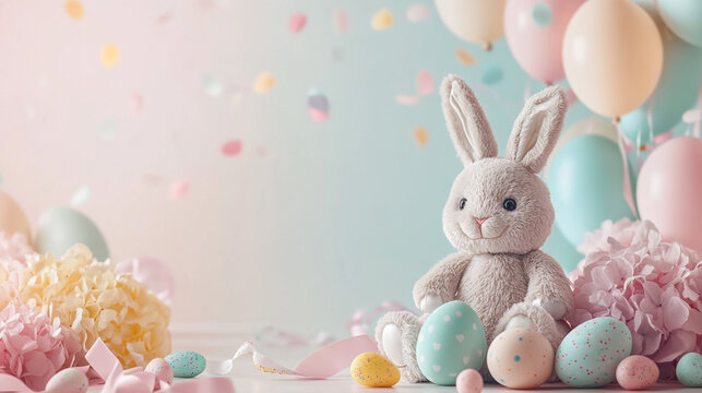 A cute plush bunny sitting with a colorful Easter egg.