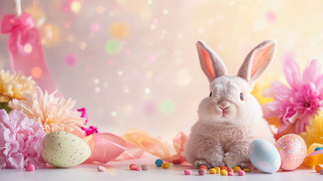 A cute plush bunny sitting with a colorful Easter egg.