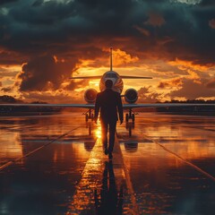 Businessman walking toward jet airplane at sunset airport digital photography outdoor low angle travel aspirations