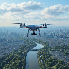 Aerial drone flight over urban landscape city skyline photography clear sky high angle technology exploration
