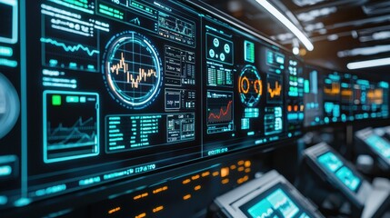 Fototapeta premium Data visualization and analysis dashboard technology center digital interface futuristic environment close-up view