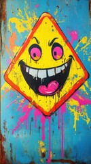 A grinning and mischievous cartoon face displayed on a yellow diamond