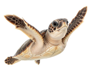 Naklejka premium Turtle hatchling in action coastal beach wildlife photography natural habitat low angle view, isolated on white or transparent background