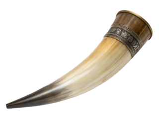 Artisan drinking horn showcase northern europe decorative item cultural heritage close-up view, isolated on white or transparent background