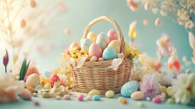A large woven Easter basket filled with colorful  Easter egg.