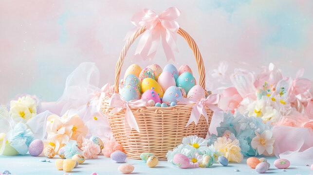 A large woven Easter basket filled with colorful  Easter egg.