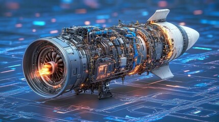 Engine's Inner Workings Glow Against Futuristic Tech Circuit Board