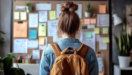 Young female student with long blonde hair wearing a backpack standing in front of an organized study board with sticky notes charts and schedules in a study room