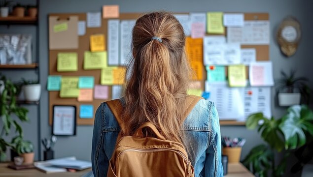 Young female student with long blonde hair wearing a backpack standing in front of an organized study board with sticky notes charts and schedules in a study room