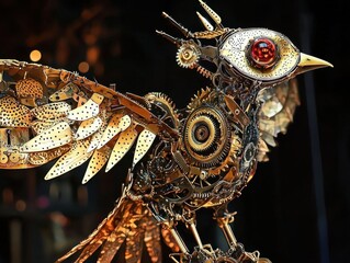 Fototapeta premium Steampunk mechanical bird sculpture, intricate gears and metallic feathers in bronze and gold tones with a red gem eye on black backdrop.