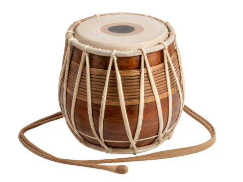 Traditional indian tabla drum with loose strap cultural setting musical instrument close-up view, isolated on white or transparent background