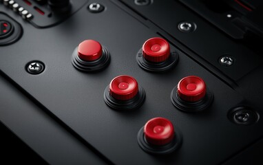 Sleek Control Panel Five Red Buttons on a Dark Matte Surface. A Modern, Industrial Design Element