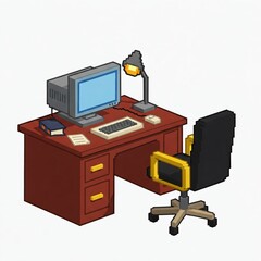 A computer desk in pixel art style on a white background.