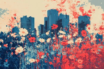 Fototapeta premium A colorful abstract illustration featuring cityscape and vibrant flowers