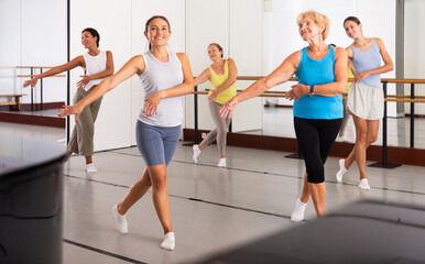 Obraz premium Group of women in sportswear performing contemporary dance in training room.