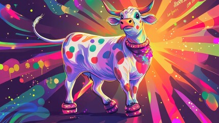 Fototapeta premium A Colorful Polka Dotted Cow Standing Amidst Vibrant Rays of Light