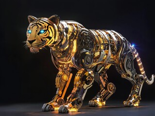 Fototapeta premium A captivating image showcasing a robotic tiger with glowing accents, standing against a dark backdrop, radiating both strength and mechanical prowess.
