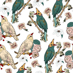 Obraz premium Vintage-inspired seamless bird illustration with floral details. Exotic bird print with detailed botanical accents on a light background