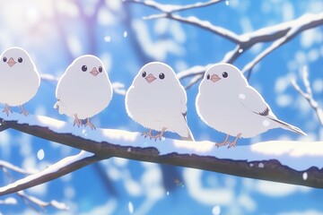 雪が積もる枝にとまるシマエナガ