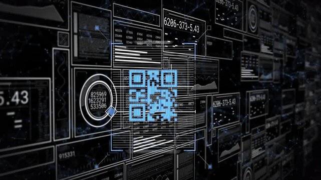 QR code and digital data processing animation over futuristic interface background