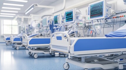 Empty hospital beds with monitoring equipment in a modern recovery room