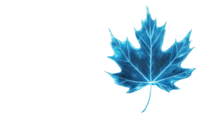 Glowing blue maple leaf with transparent background representing nature and energy