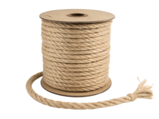 Twisted rope coil on spool workshop setting product photography close-up view, isolated on white or transparent background
