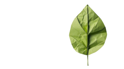 Crumpled paper folded into a green leaf shape on transparent background