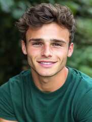 Fototapeta premium Young Man with Short Curly Hair, Wearing a Green Short-Sleeved Shirt, Smiling in an Outdoor Setting with Natural Greenery Background