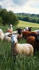 Fototapeta premium sheep and goats grazing in a lush green pasture. World Milk Day. World Farmers' Day