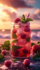 raspberry mojito in an artisan glass mason jar