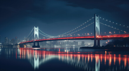 Fototapeta premium Majestic City Nightscape: Illuminated Bridge Reflections