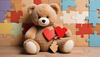 Teddy bear holding a heart with a jigsaw puzzle pattern, World autism awareness day concept