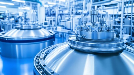 Shiny tanks in factory, production line, industrial setting, blurry background