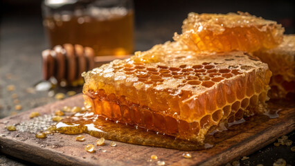 Fresh honeycomb on wooden board with honey drips, natural sweetness