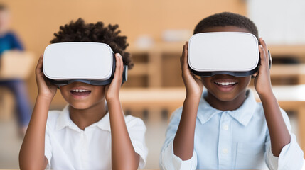 Excited School Kids Using VR Headsets in Classroom
