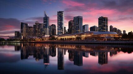 Obraz premium Sunset Reflected on Modern City Skyline