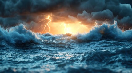 Fototapeta premium Dramatic ocean waves during a storm with lightning. Possible use stock photo for a weather-related project