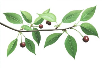 Cherry Branch with Green Leaves and Ripe Fruit