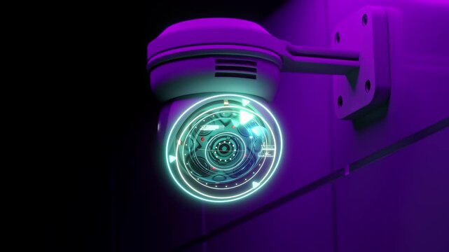 Futuristic security CCTV camera In the dark, only purple light shines down from above. Scan the area for surveillance purposes and Security. technology and innovation concept. 3D Render.