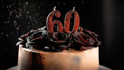 60th Birthday Cake with Glittery Candles and Black Roses