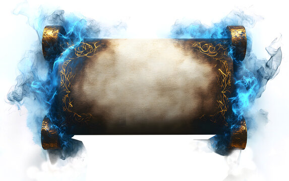 ancient scroll paper burning blue fire, transparent background, PNG file