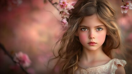 Naklejka premium Beautiful Girl with Long Hair Surrounded by Pink Cherry Blossoms
