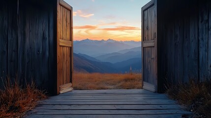 A simple wooden door opening to a wide mountain range at dawn