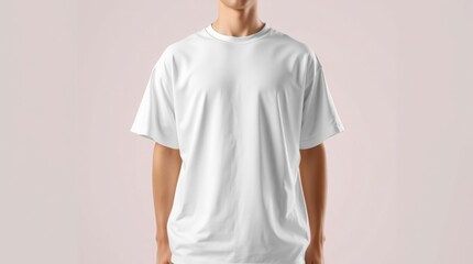 A white mockup oversize t-shirt on a male figure, body only, no face visible, rendered in electric vivid colors, strong hard light, smooth gradient transitions